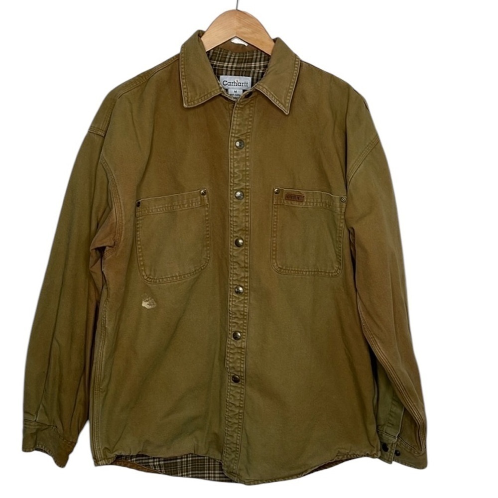 Vintage Carhartt Tan Canvas Flannel Lined Snap Shirt Jac Men Size M BLEMISH
